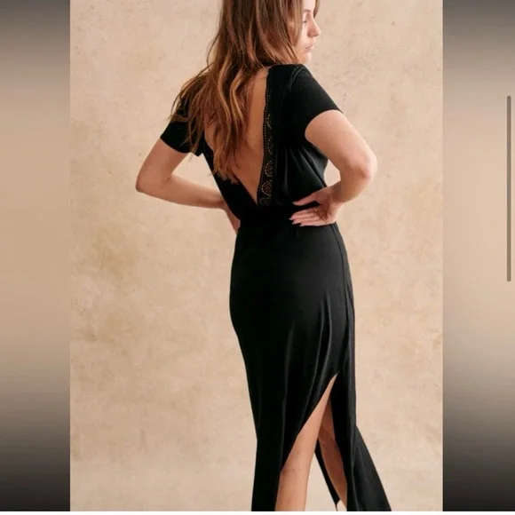 Sezane Lucille Dress Open Back Lace Black Midi Dress - Picture 5 of 16